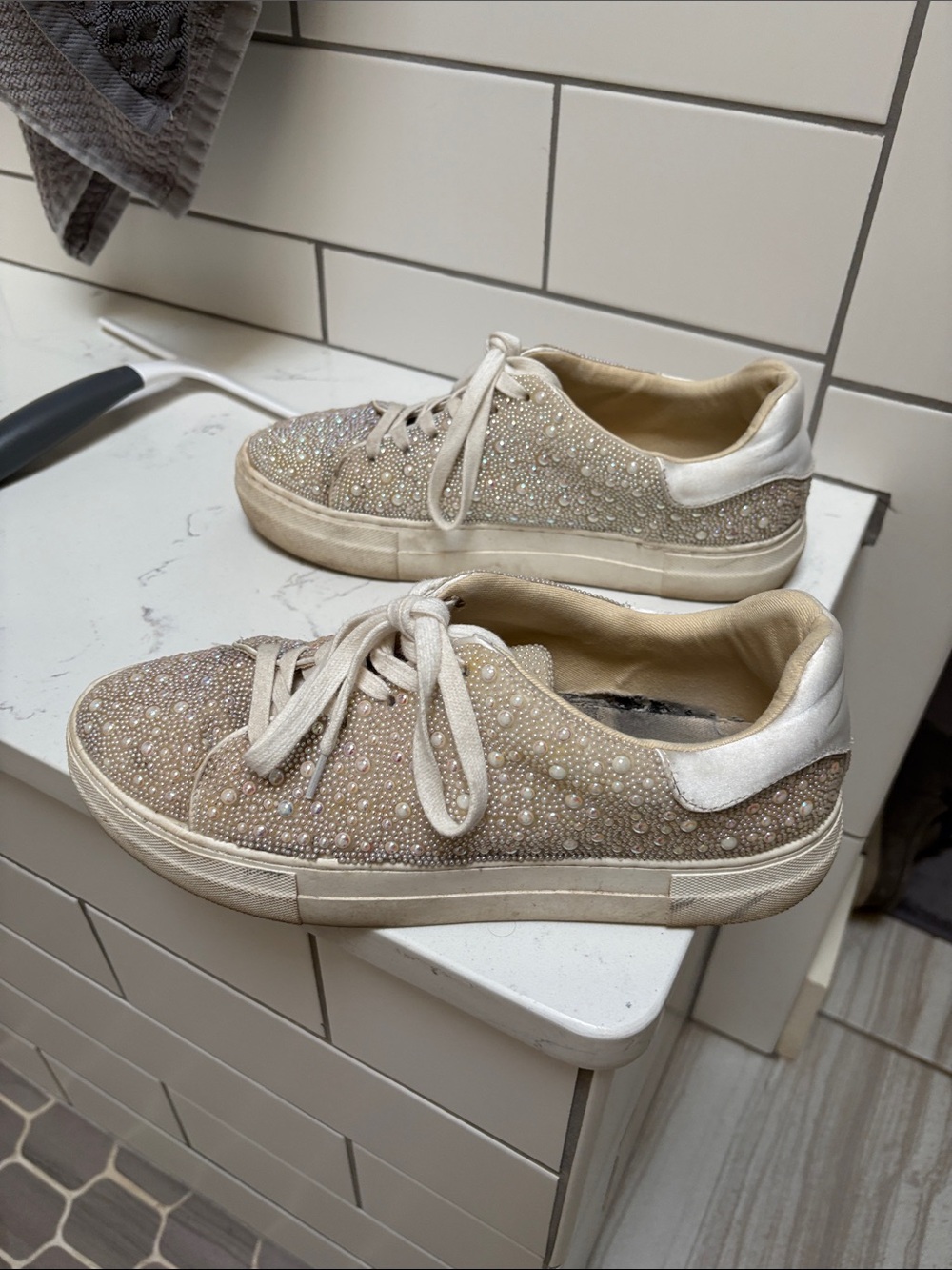 Betsey Johnson Beige Pearl & Crystal Embellished Sneakers - Picture 6 of 7
